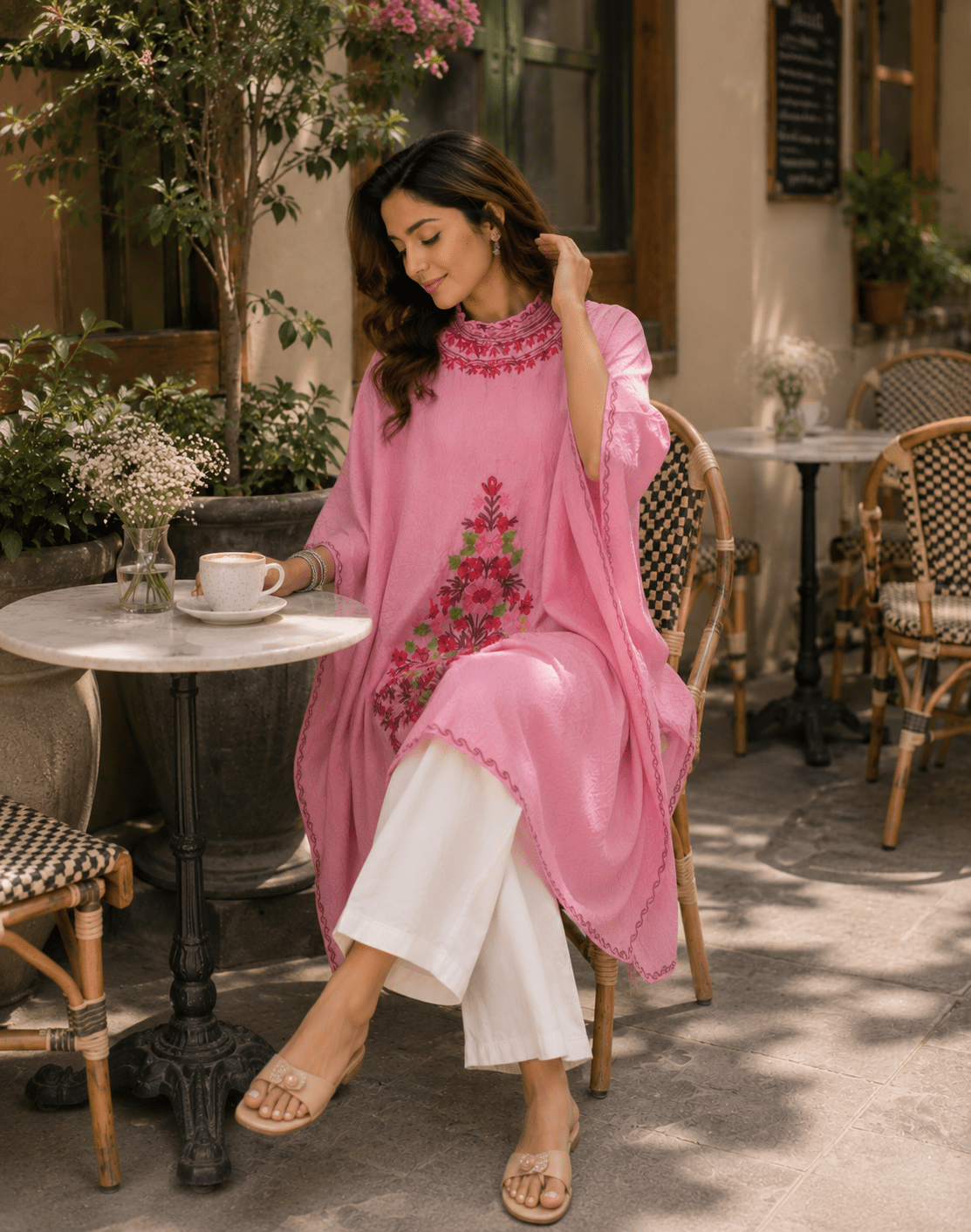Gulnaar Blush Floral Embroidered Kaftaan - Kashinara