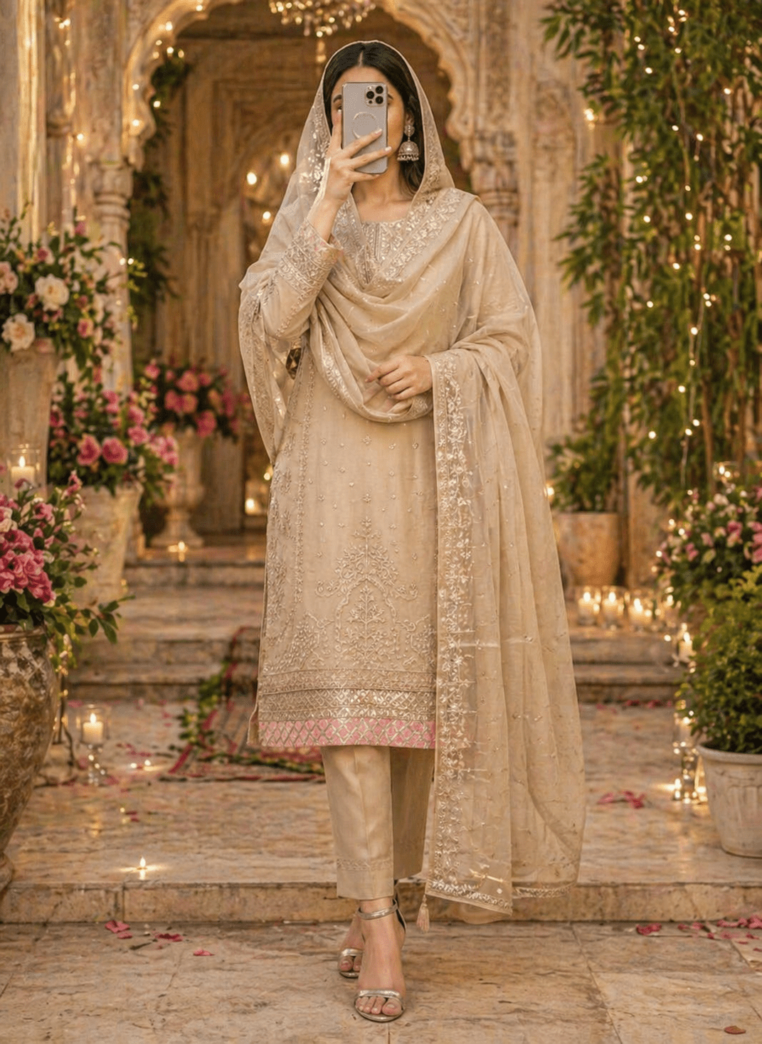 Meher - e - Zar Beige Festive Suit (Semi - Stitched) - Kashinara