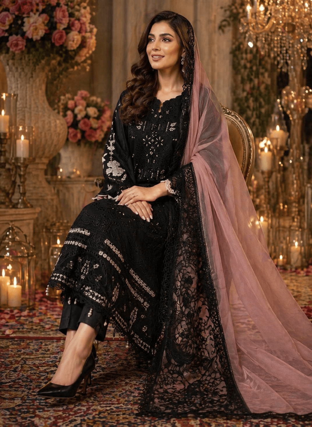 Zar - e - Noir Blush Elegance Suit (Semi - Stitched - Kashinara