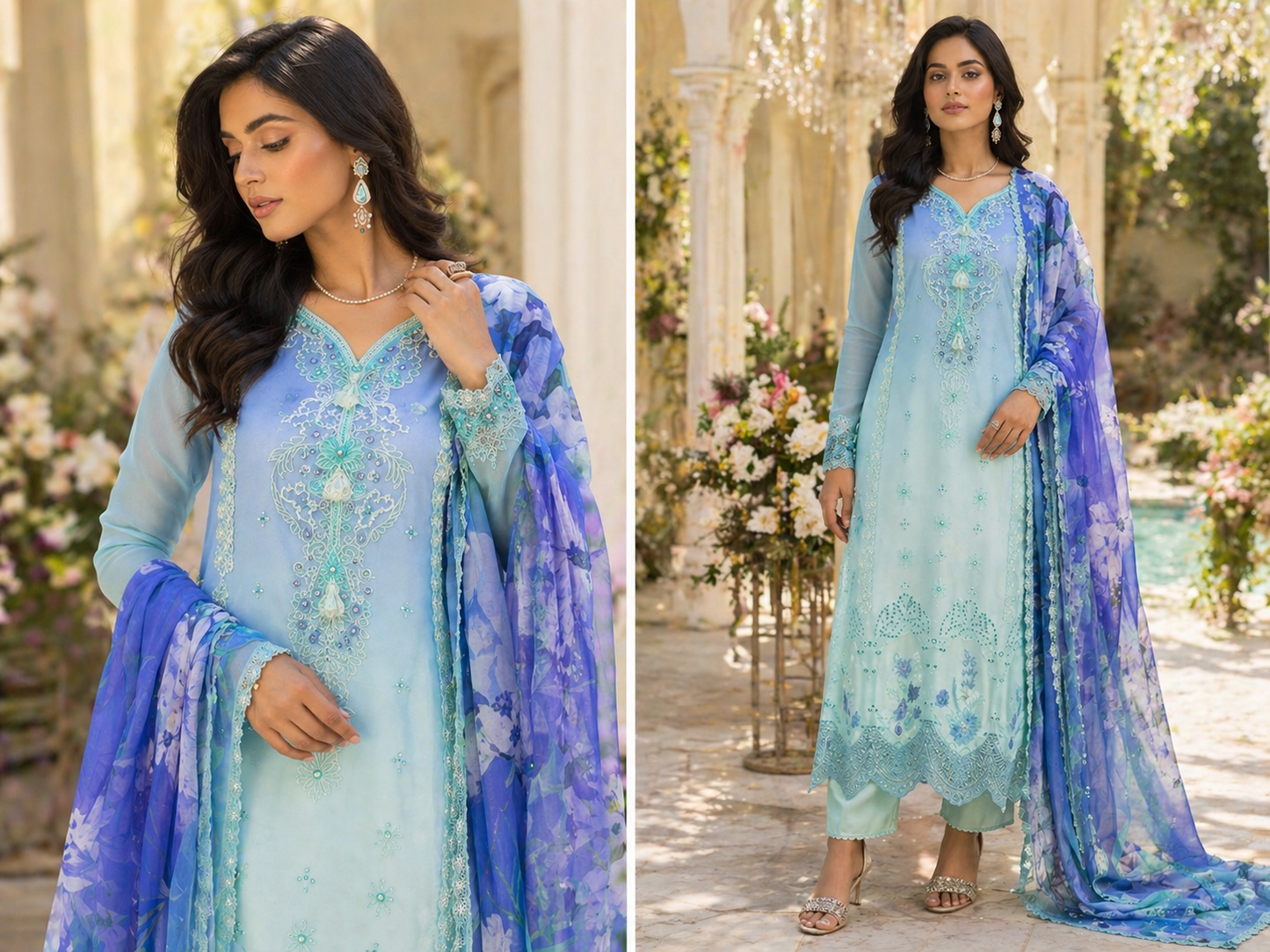 Aab - e - Bahar Summer Chikankari Suit Set (Semi - Stitched) - Kashinara