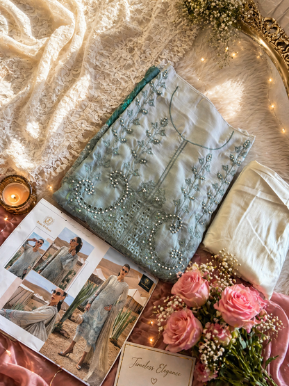 Aab - e - Zar Cambric Pearl Luxe Set (Semi - Stitched) - Kashinara