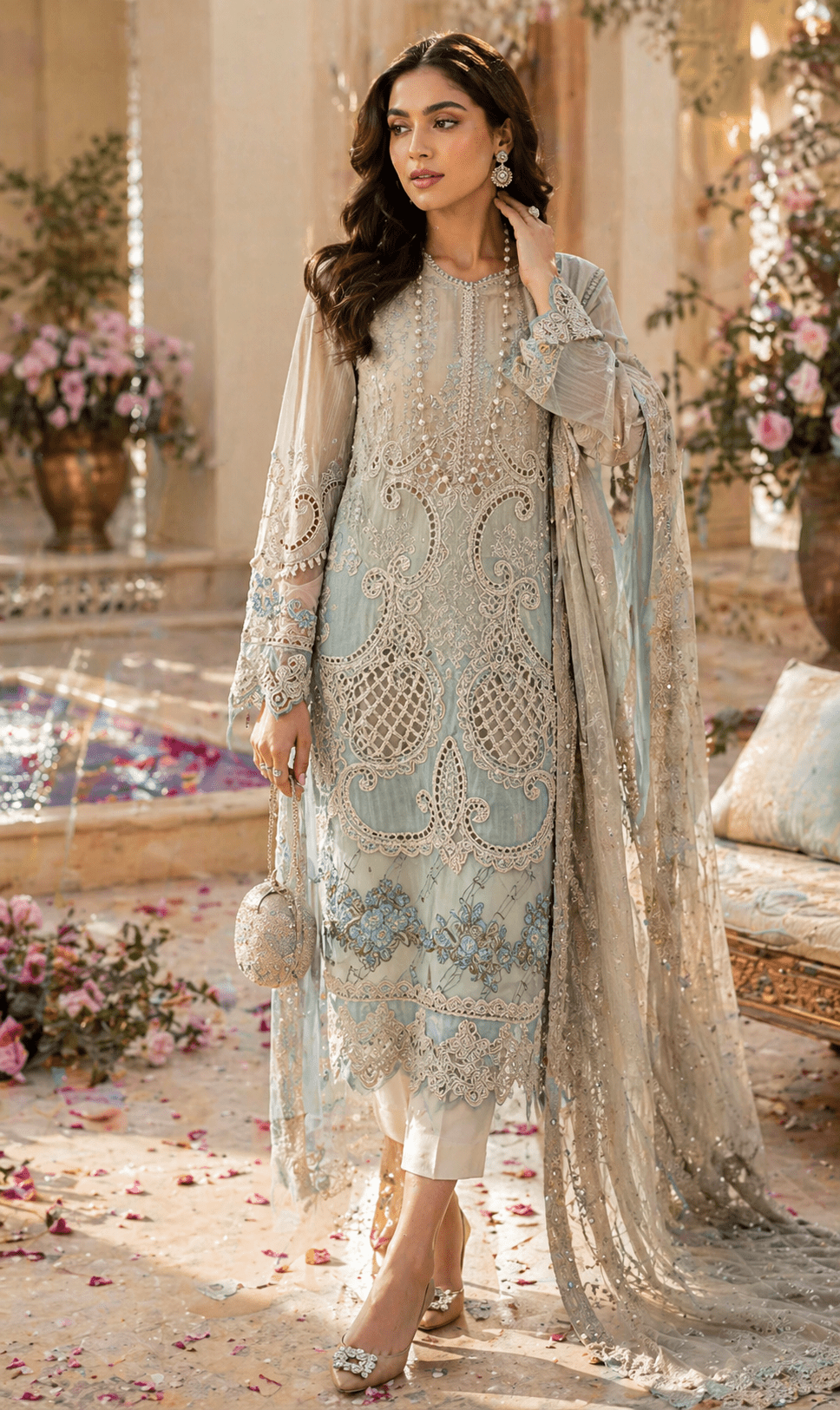 Aab - e - Zar Cambric Pearl Luxe Set (Semi - Stitched) - Kashinara