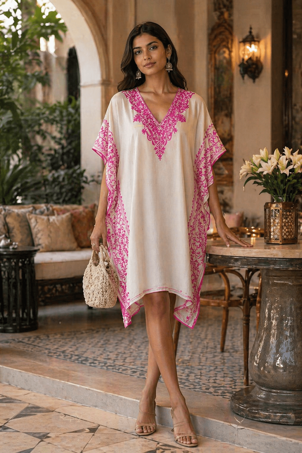 Blush Ivory Embroidered Kaftaan - Kashinara