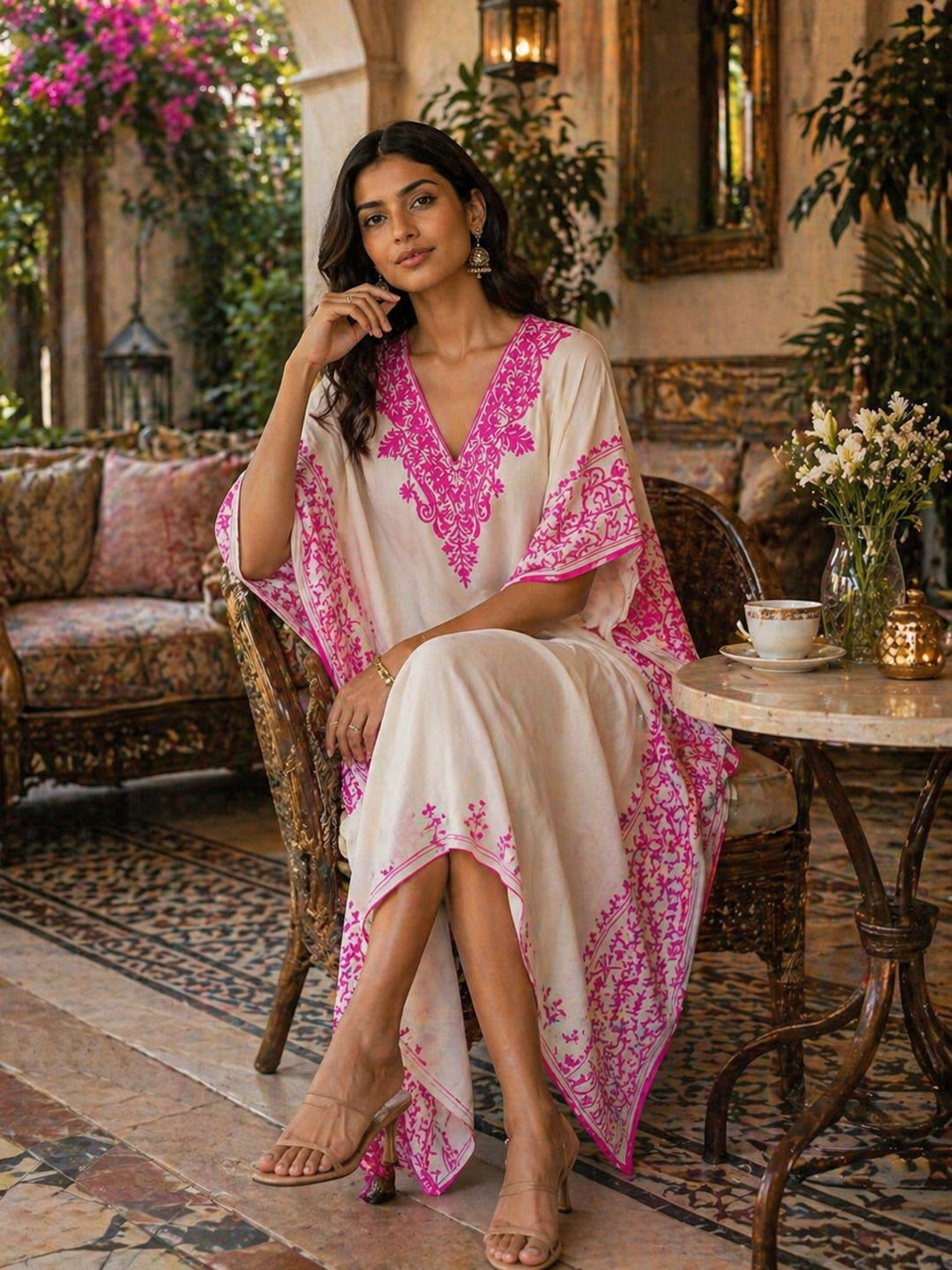 Blush Ivory Embroidered Kaftaan - Kashinara