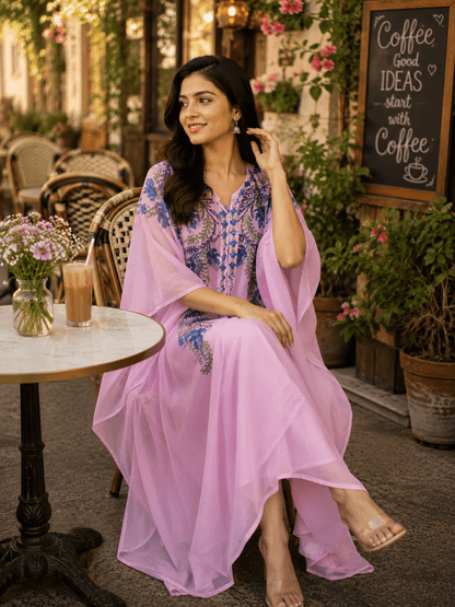 Gulnaar - e - Mehfil Blush Embroidered Luxe Kaftan - Kashinara