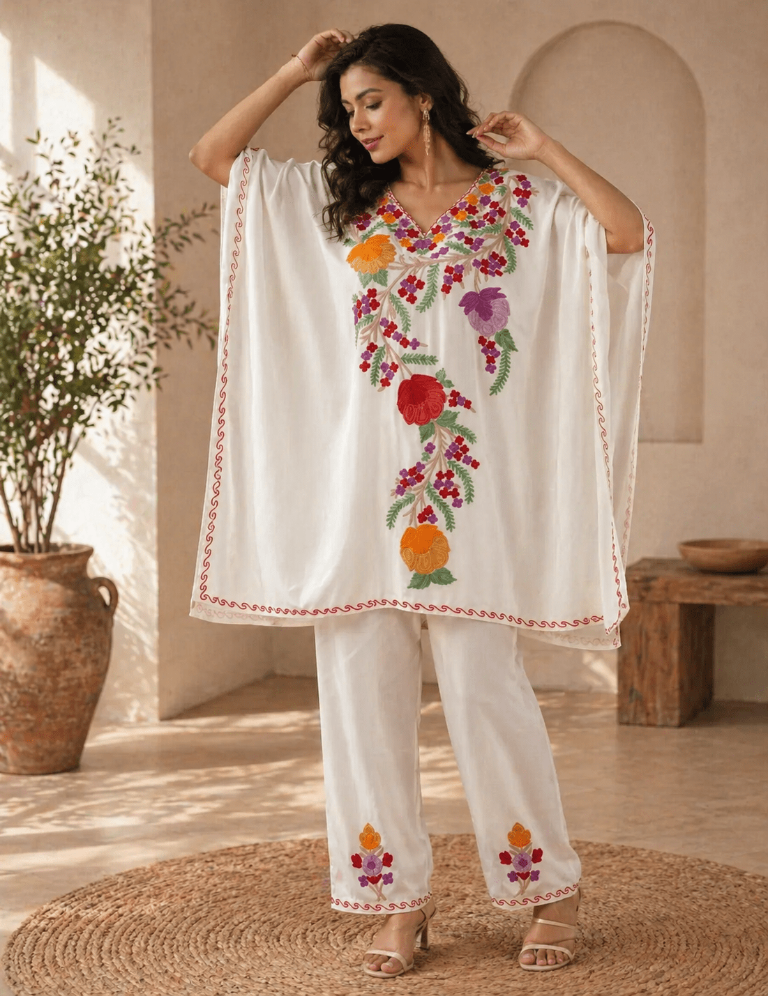 Gulnoor Ivory Kaftan Set - Kashinara