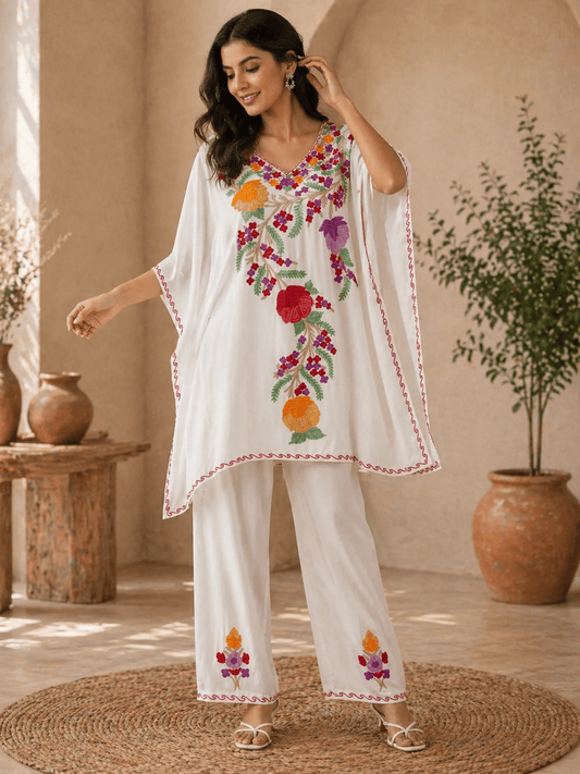 Gulnoor Ivory Kaftan Set - Kashinara