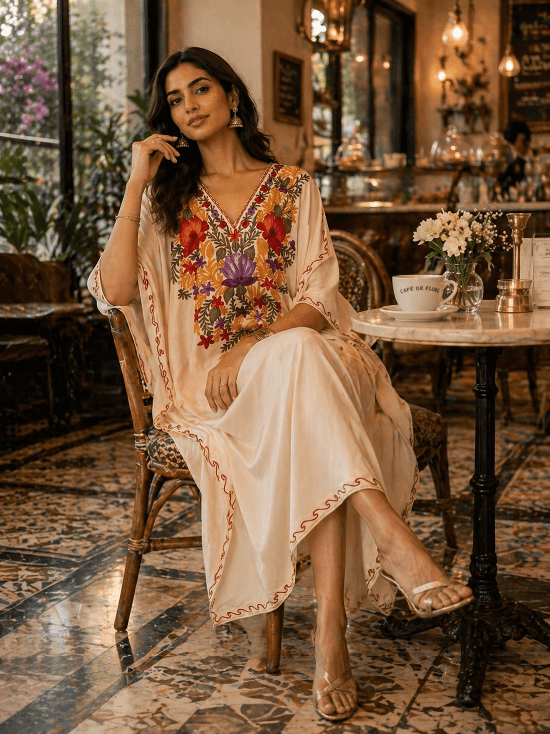 Ivory Bloom Embroidered Kaftaan - Kashinara