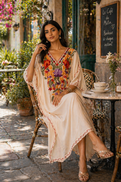 Ivory Bloom Embroidered Kaftaan - Kashinara