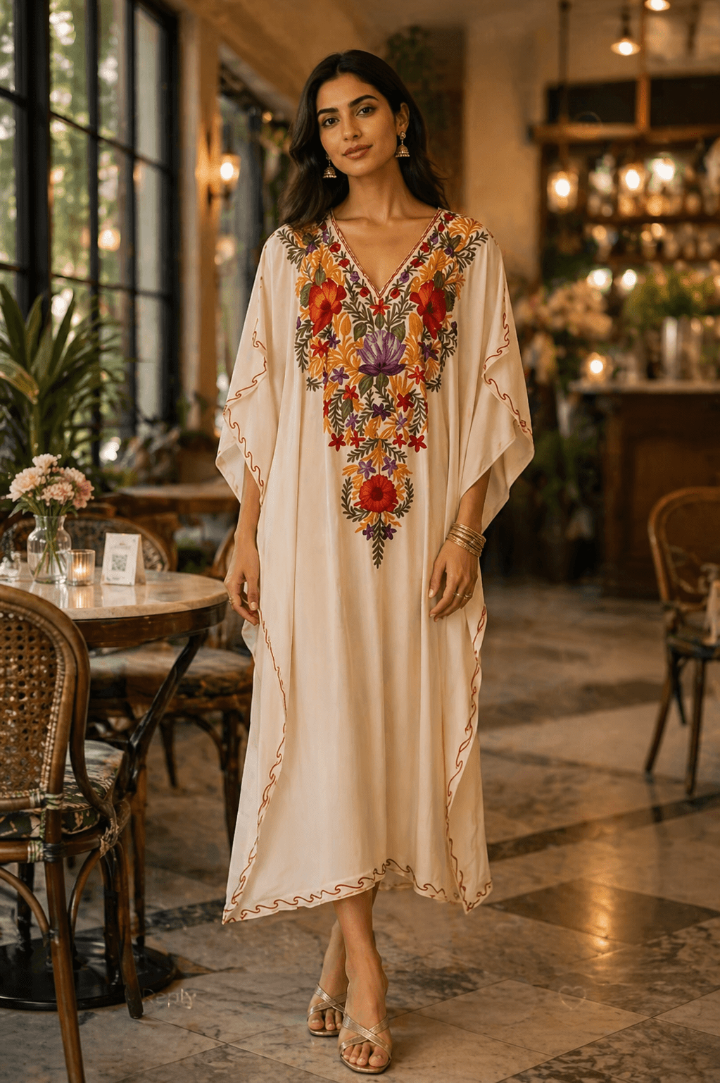 Ivory Bloom Embroidered Kaftaan - Kashinara