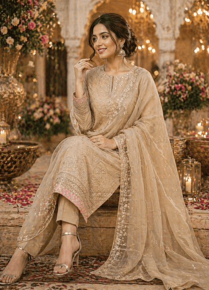 Meher - e - Zar Beige Festive Suit (Semi - Stitched) - Kashinara