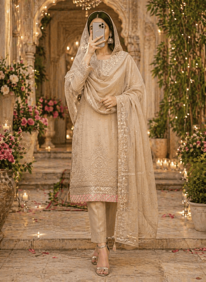 Meher - e - Zar Beige Festive Suit (Semi - Stitched) - Kashinara