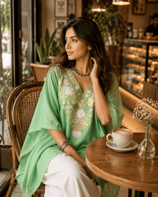 Mint Blossom Embroidered Kaftan - Kashinara