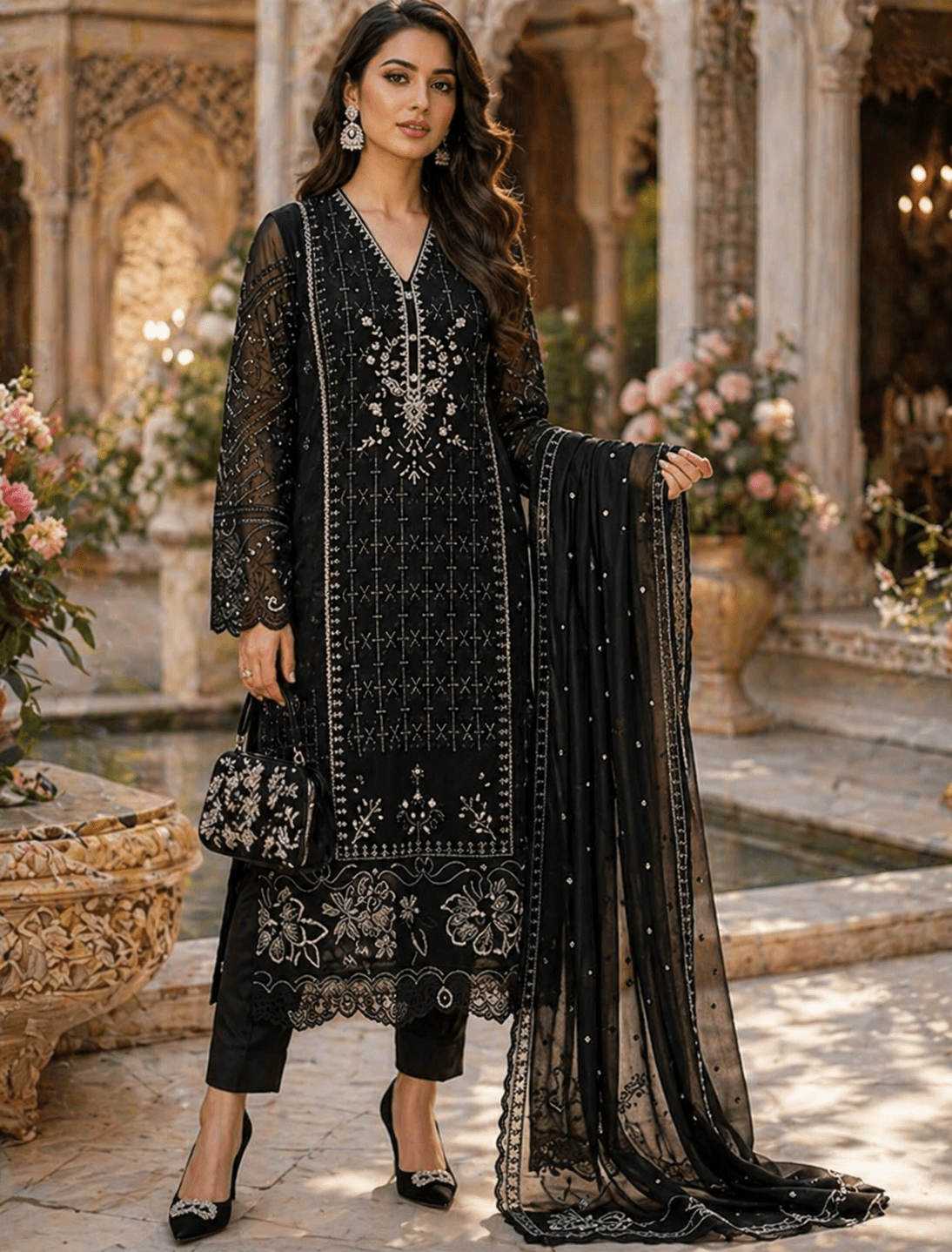 Noir - e - Zar Embroidered Luxe Suit (Semi - Stitched - Kashinara