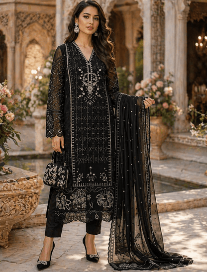 Noir - e - Zar Embroidered Luxe Suit (Semi - Stitched - Kashinara