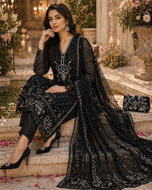 Noir - e - Zar Embroidered Luxe Suit (Semi - Stitched - Kashinara