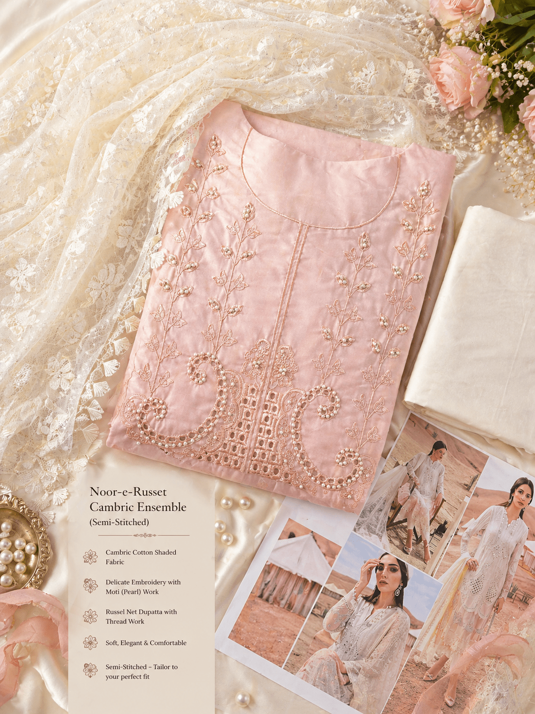 Noor - e - Russet Cambric Ensemble (Semi - Stitched) - Kashinara