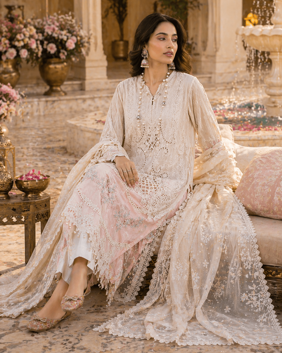 Noor - e - Russet Cambric Ensemble (Semi - Stitched) - Kashinara