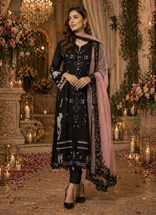Zar - e - Noir Blush Elegance Suit (Semi - Stitched - Kashinara