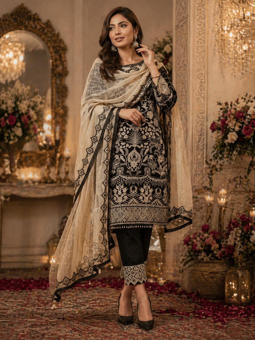 Zar - e - Noir Festive Embroidered Suit (Semi - Stitched) - Kashinara