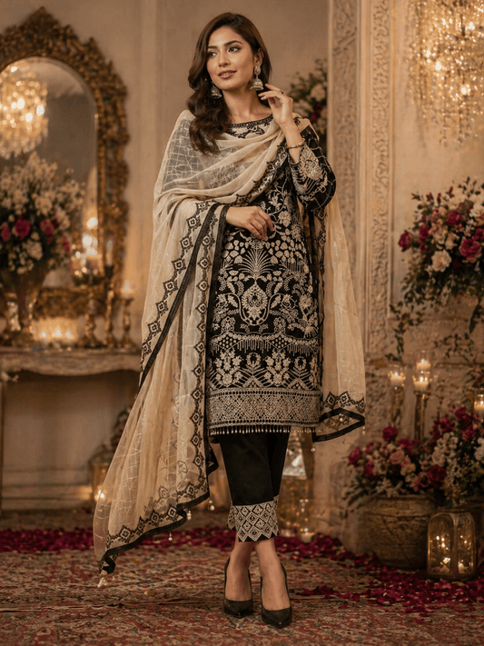 Zar - e - Noir Festive Embroidered Suit (Semi - Stitched) - Kashinara