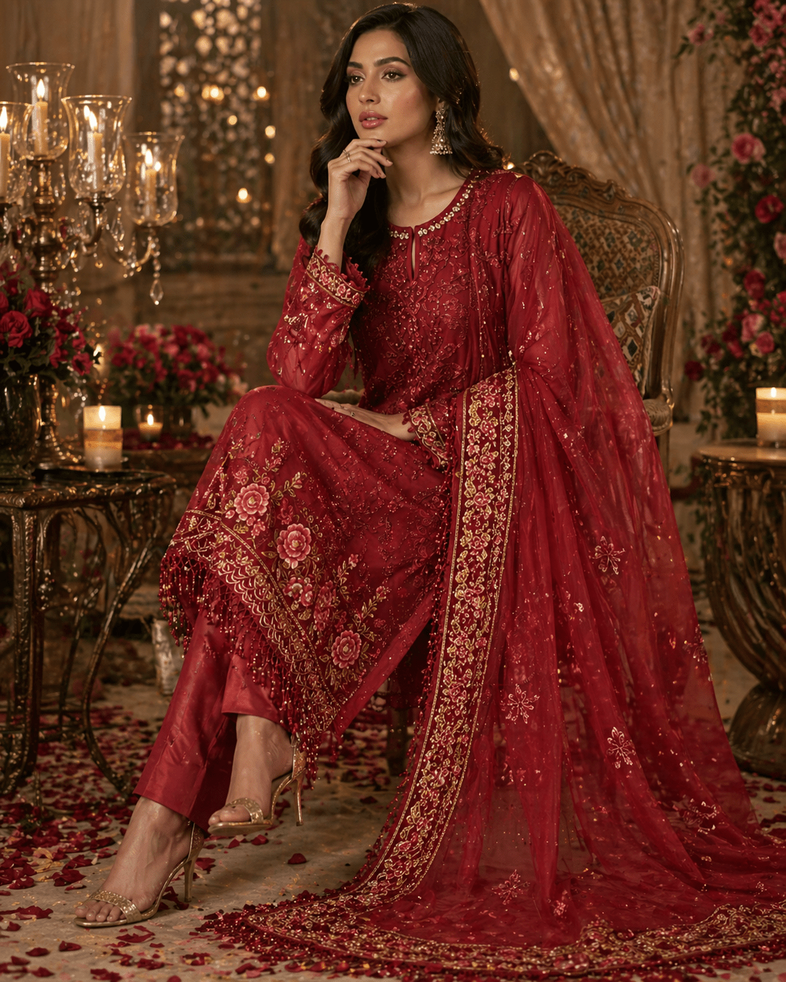 Zarqaa - e - Rouge Festive Luxe Suit (Semi - Stitched) - Kashinara