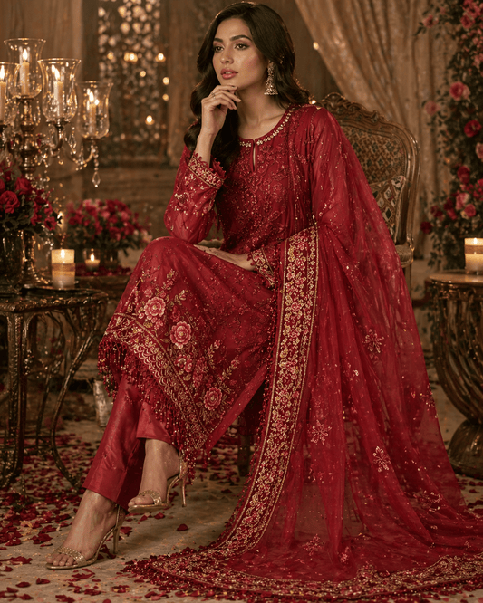 Zarqaa - e - Rouge Festive Luxe Suit (Semi - Stitched) - Kashinara