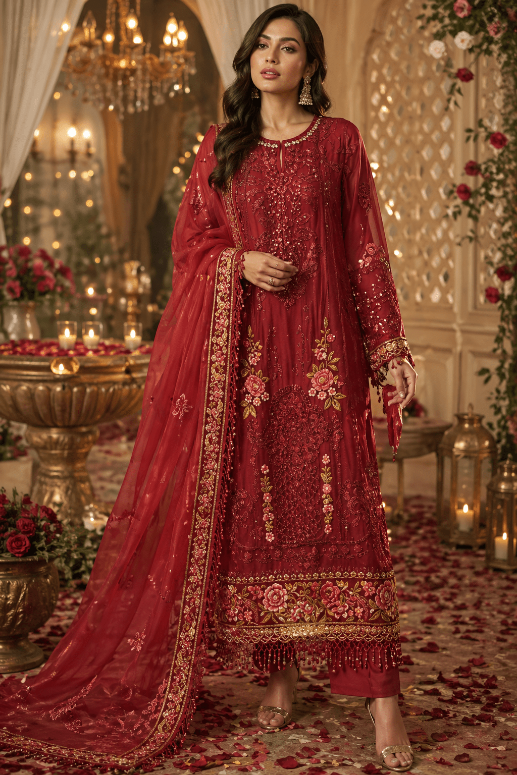 Zarqaa - e - Rouge Festive Luxe Suit (Semi - Stitched) - Kashinara