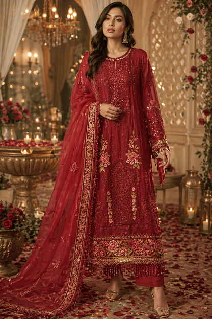 Zarqaa - e - Rouge Festive Luxe Suit (Semi - Stitched) - Kashinara